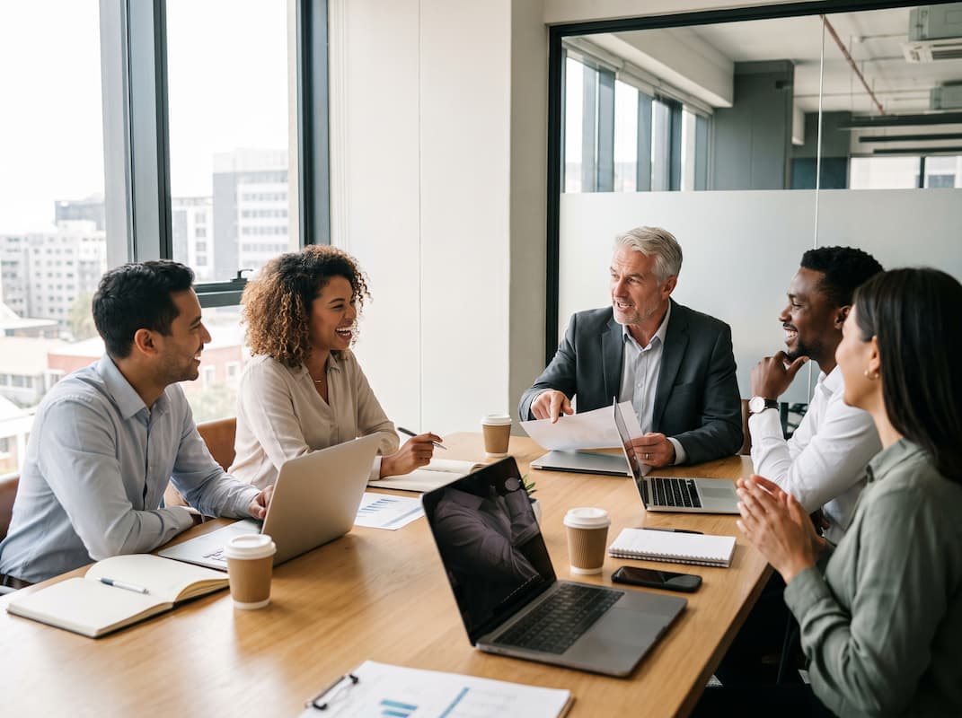 Equipo diverso de cinco profesionales reunidos alrededor de una mesa de trabajo con laptops